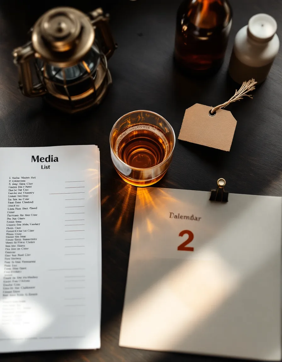 Top-down view of a desk with a tasting notebook, a craft beer can and glass, an embargo sheet beside a brass clock, and a sample shipping box