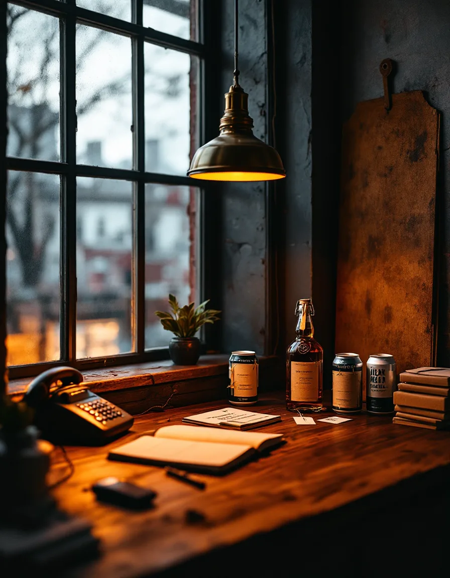The Kettle and Lantern desk: a walnut desk under a glowing pendant lantern, with tagged sample cans, a bottle and press kits by a loft window