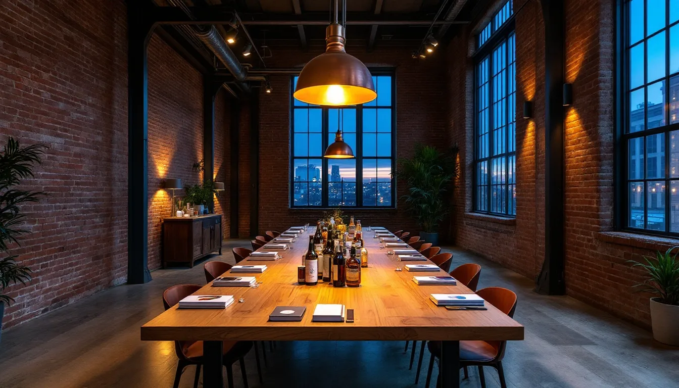 A warehouse loft table with cans, bottles and press kits laid out in a grid under a glowing pendant lantern