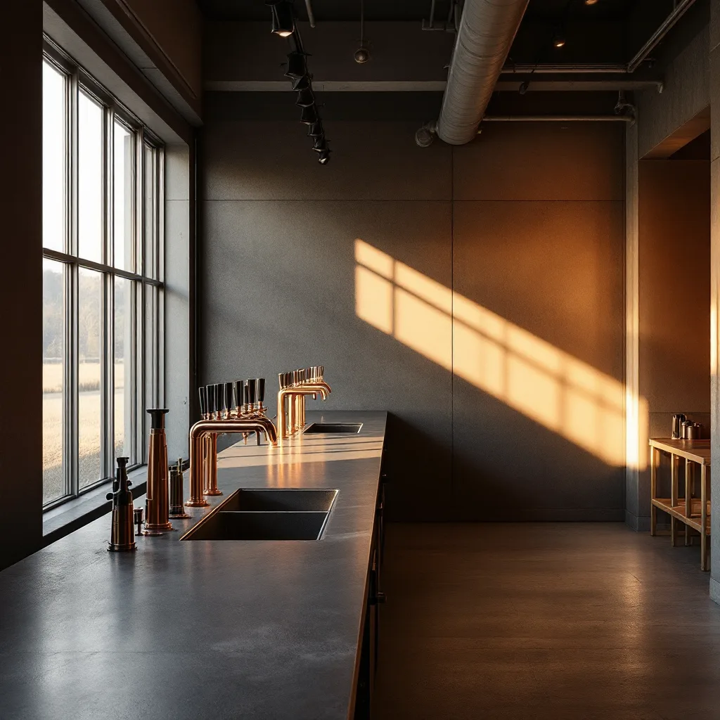 A long steel taproom bar with a precise row of tap handles, crossed by one beam of sunlight
