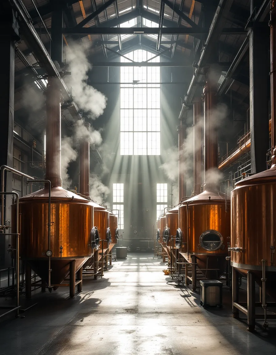 A symmetrical brewhouse interior with copper kettles under steel trusses, morning light cutting through steam