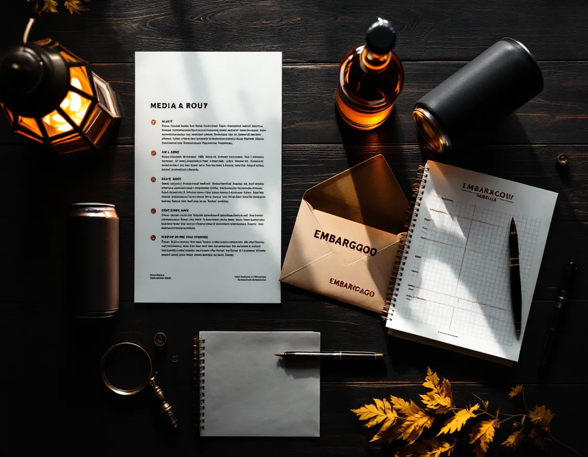 A launch-day media kit laid out on a dark oak table: tech sheet, a can, a spirits bottle and an envelope stamped embargoed